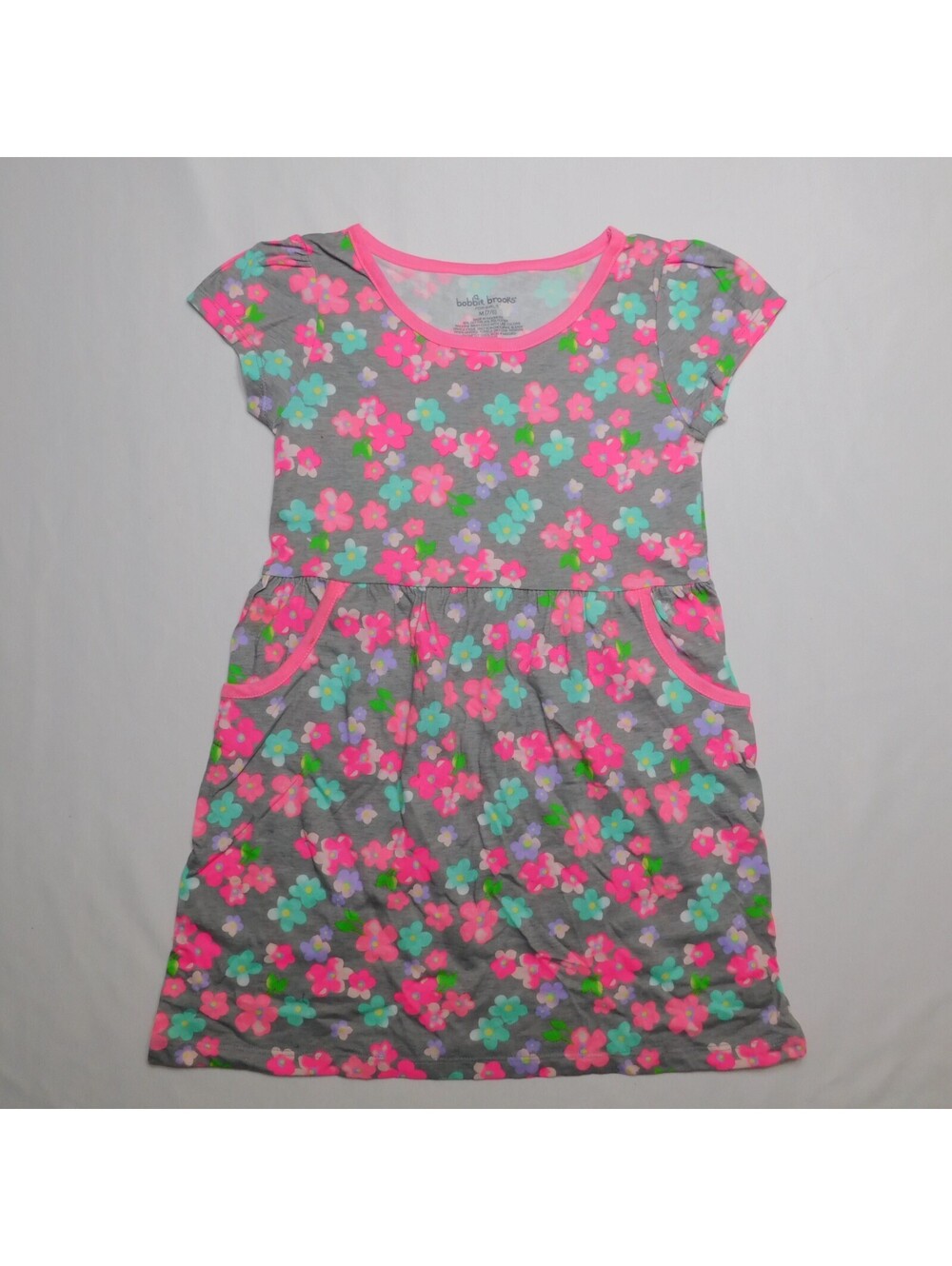 Bobbie Brooks Girls Floral Dress Size M 7/8 Gray Pink Blue Flowers Casual Pocket